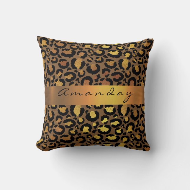 Leopard Animal Black Lux Gold Stripe Name Africa Throw Pillow (Front)
