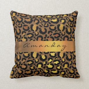 Leopard Animal Black Lux Gold Stripe Name Africa Throw Pillow