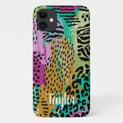 Leopard Animal Colorful Print Personalized Name iPhone 11 Case