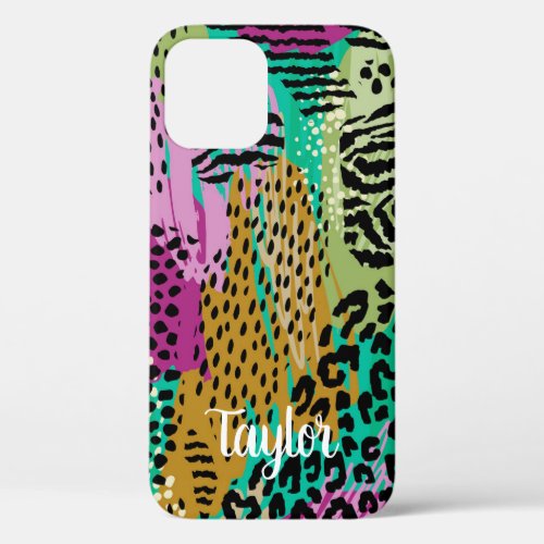 Leopard Animal Colorful Print Personalized Name iPhone 12 Case