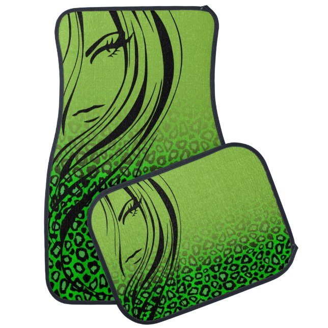 Leopard Animal Girl Print | Lime Green Car Mat (Set)
