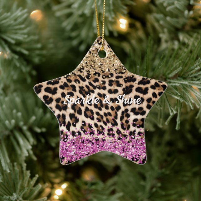 Leopard Animal Gold Girly Pink Glitzy Glitter  Ceramic Ornament (Tree)