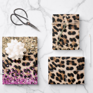 Leopard Animal Gold Girly Pink Glitzy Glitter Wrapping Paper Sheets