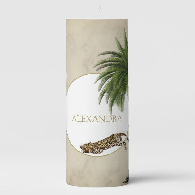 Leopard Animal Marble Pattern Palm Party Pillar Candle (Front)