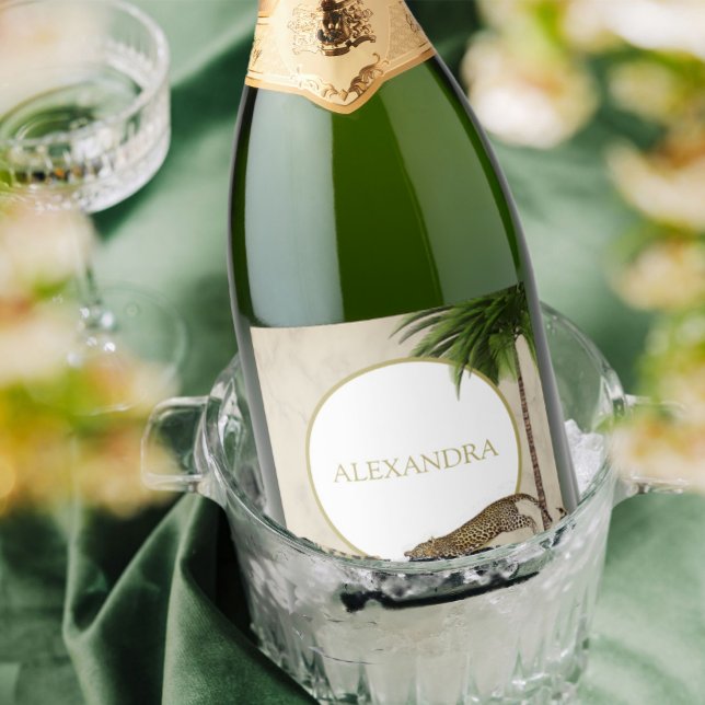 Leopard Animal Pattern Elegant Palm Party Sparkling Wine Label (Creator Uploaded)
