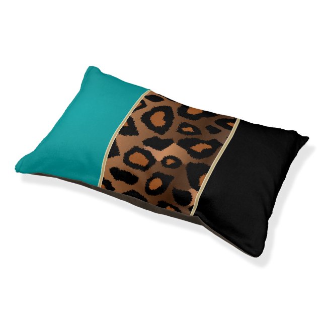 Leopard Animal Pattern with Teal and Black Pet Bed (Angled)