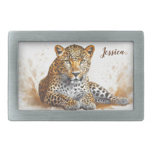 Leopard Animal Portrait Chic Personalized Name Belt Buckle