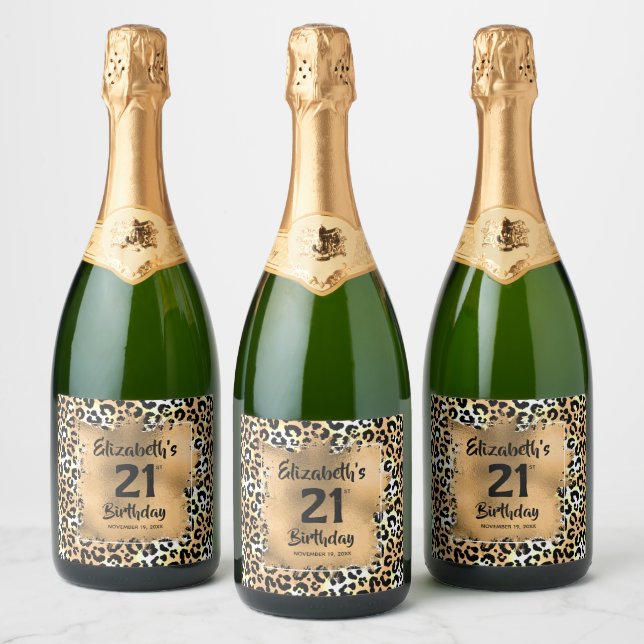 Leopard Animal Print 21st Birthday Personalized Sparkling Wine Label (Bottles)