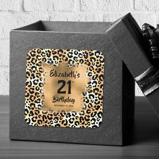 Leopard Animal Print 21st Birthday Personalized Square Sticker (Creator Uploaded)
