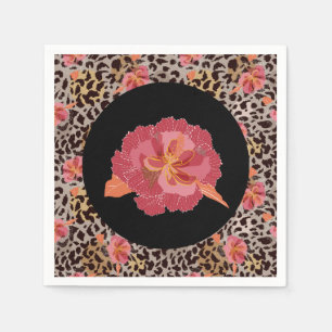 Leopard Animal Print and Pink Flowers on Black Napkins