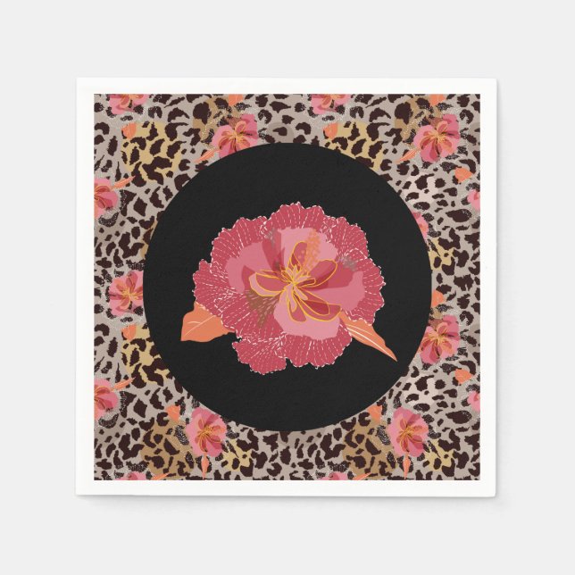 Leopard Animal Print and Pink Flowers on Black Napkins (Front)