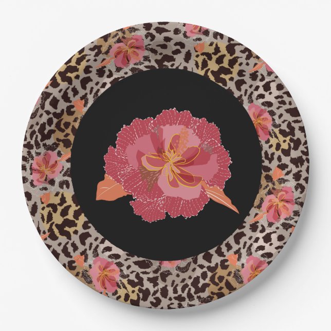 Leopard Animal Print and Pink Flowers on Black Paper Plates (Front)