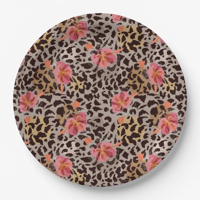 Leopard Animal Print and Pink Flowers Paper Plates (Front)