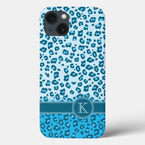 Leopard animal print aqua monogram iphone case