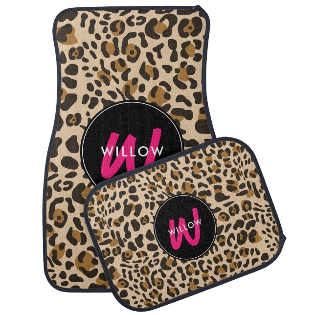 Leopard Animal Print Black & Hot Pink Monogram Car Floor Mat (Set)
