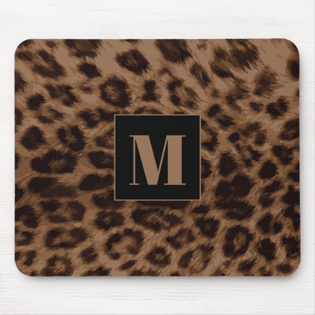Leopard Animal Print Brown Black Chic Monogram Mouse Pad (Front)