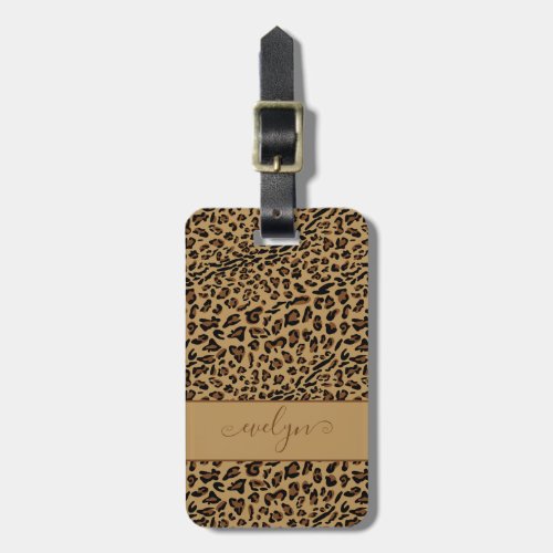 Leopard Animal Print Brown Elegant Script Name  Luggage Tag