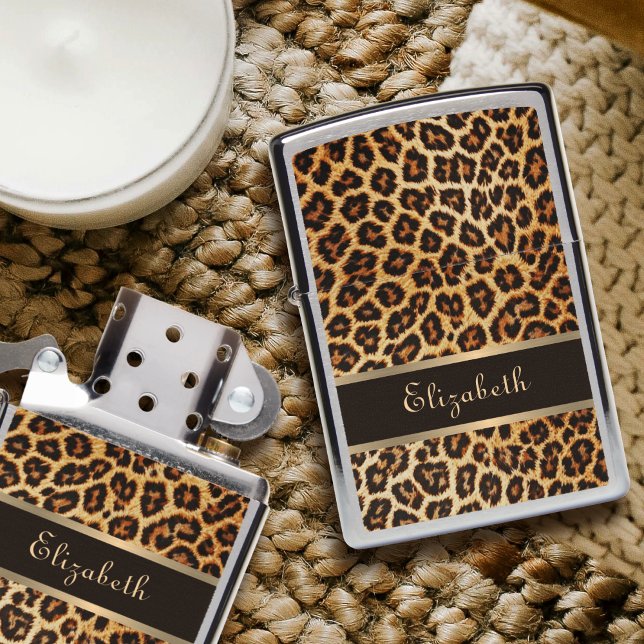 Leopard Animal Print Brown & Gold Stripe Feminine Zippo Lighter (Creator Uploaded)