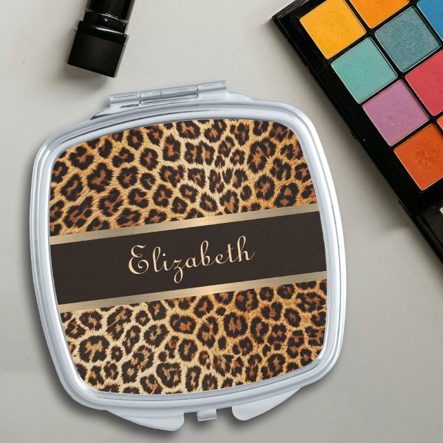 Leopard Animal Print Brown & Gold Stripe Glamour Compact Mirror (Creator Uploaded)