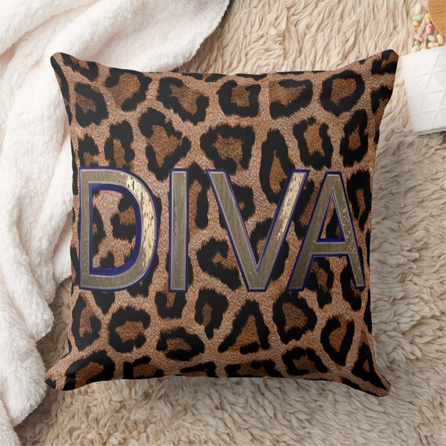 Leopard Animal Print Diva quote Throw Pillow (Blanket)