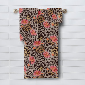 Leopard Animal Print Floral Pattern Bath Towel Set