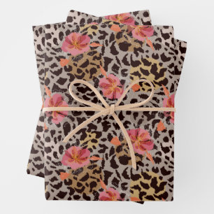 Leopard Animal Print Floral Wrapping Paper Sheets