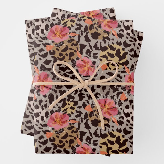 Leopard Animal Print Floral Wrapping Paper Sheets (In situ)