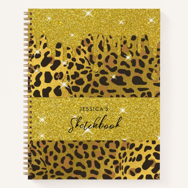 Leopard Animal Print Gold Foil Glitter Drips Notebook (Front)
