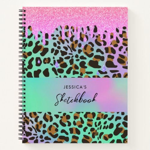 Leopard Animal Print Holographic Glitter Drips Notebook