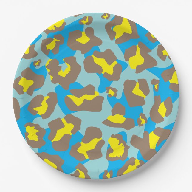 Leopard animal print in blue, brown and yellow paper plates (Front)