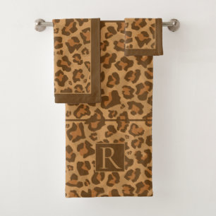 Leopard animal print in brown tones and monogram bath towel set
