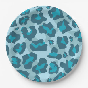 Leopard animal print in tones of blue paper plates