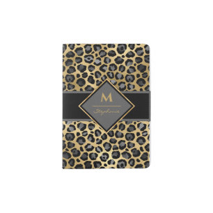 Leopard Animal Print  Monogram Black & Gold Passport Holder