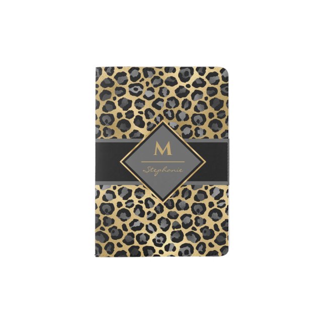Leopard Animal Print |Monogram Black & Gold Passport Holder (Front)