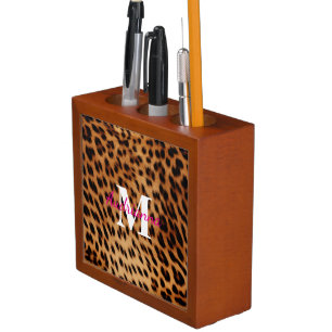Leopard Animal Print Monogram Desk Organizer
