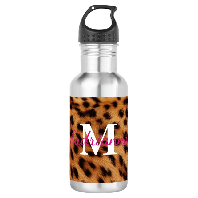 Leopard Animal Print Monogram Stainless Steel Water Bottle (Front)