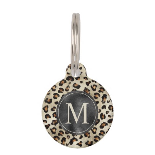 Leopard Animal Print Pattern In Beige And Monogram Pet ID Tag