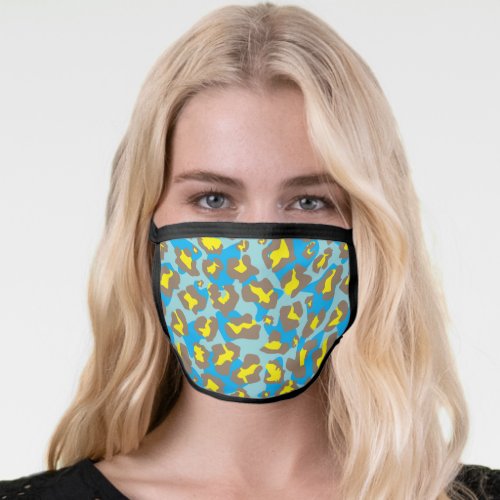 Leopard animal print pattern in blue yellow brown face mask