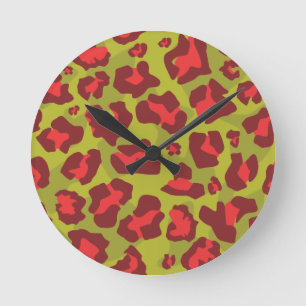 Leopard animal print pattern in red, olive green round clock