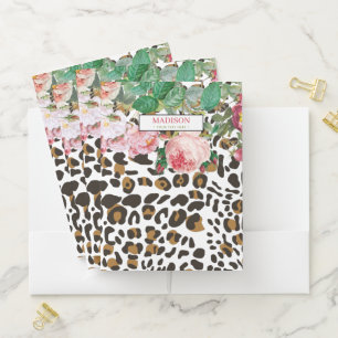 Leopard Animal Print Pattern Vintage Floral Pocket Folder