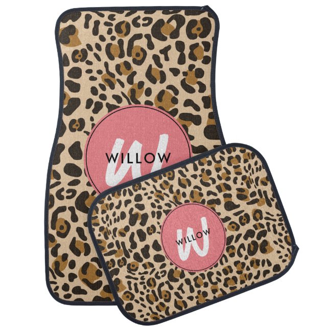 Leopard Animal Print Pink Monogram Car Floor Mat (Set)