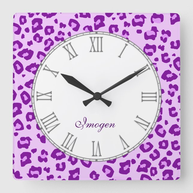 Leopard animal print purple name wall clock (Front)