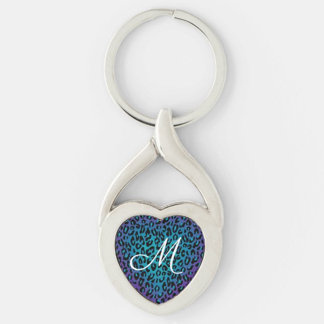 Leopard Animal Print Purple Ombre Monogram Keychain (Front)