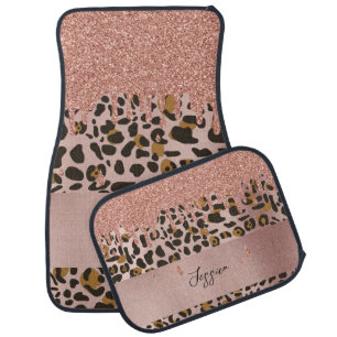 Leopard Animal Print Rose Gold Pink Glitter Drips Car Floor Mat