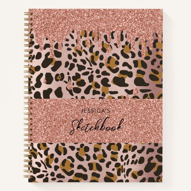 Leopard Animal Print Rose Gold Pink Glitter Drips Notebook (Front)