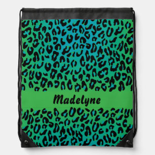 Leopard Animal Print Stylish Turquoise Ombre Name Drawstring Bag
