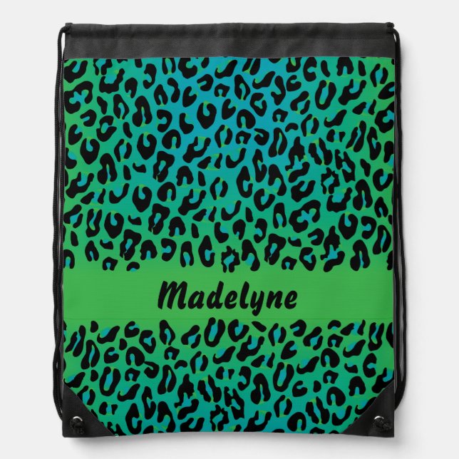 Leopard Animal Print Stylish Turquoise Ombre Name Drawstring Bag (Front)