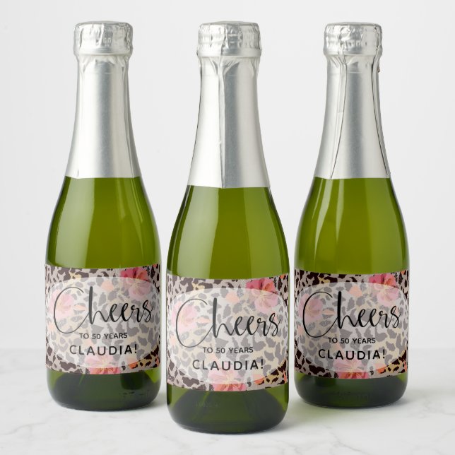 Leopard Animal Print Tropical Pink Floral Mini Sparkling Wine Label (Bottles)