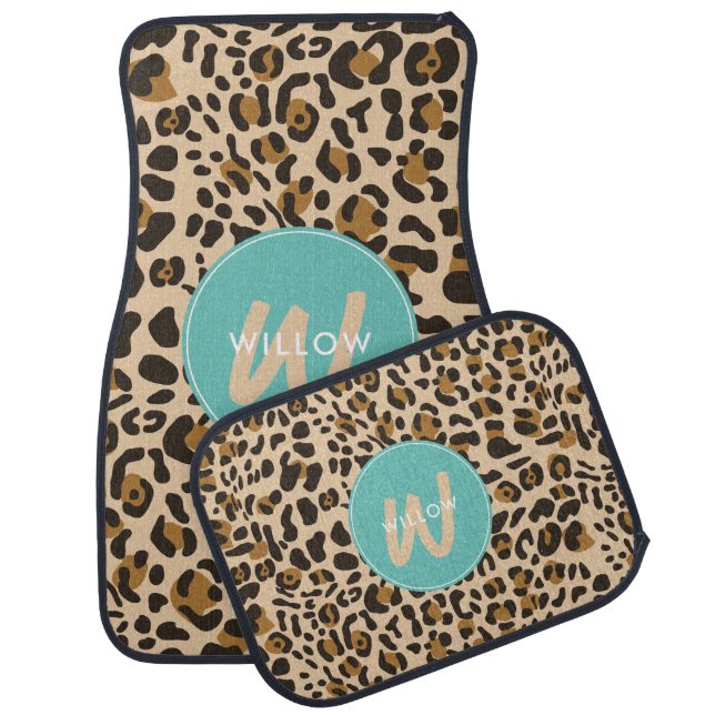 Leopard Animal Print Turquoise Teal Monogram Car Floor Mat (Set)