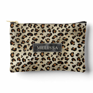 Leopard Animal Print With Black Faux Foil And Name Accessory Pouch